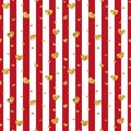 Gold heart seamless pattern. Red-white geometric stripes, golden confetti-hearts. Symbol of love, Valentine day holiday Royalty Free Stock Photo