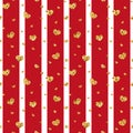 Gold heart seamless pattern. Red-white geometric stripes, golden confetti-hearts. Symbol of love, Valentine day holiday Royalty Free Stock Photo