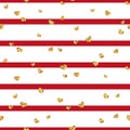 Gold heart seamless pattern. Red-white geometric stripes, golden confetti-hearts. Symbol of love, Valentine day holiday Royalty Free Stock Photo