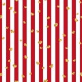 Gold heart seamless pattern. Red-white geometric stripes, golden confetti-hearts. Symbol of love, Valentine day holiday Royalty Free Stock Photo
