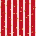 Gold heart seamless pattern. Red-white geometric stripes, golden confetti-hearts. Symbol of love, Valentine day holiday Royalty Free Stock Photo