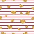 Gold heart seamless pattern. Red-white geometric stripes, golden confetti-hearts. Symbol of love, Valentine day holiday Royalty Free Stock Photo