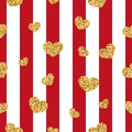 Gold heart seamless pattern. Red-white geometric stripes, golden confetti-hearts. Symbol of love, Valentine day holiday Royalty Free Stock Photo