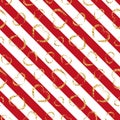 Gold heart seamless pattern. Red-white geometric stripes, golden grunge confetti-hearts. Symbol of love, Valentine day Royalty Free Stock Photo