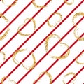 Gold heart seamless pattern. Red-white geometric stripes, golden grunge confetti-hearts. Symbol of love, Valentine day Royalty Free Stock Photo