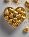 Gold heart-shaped chocolate candies on a white background. Valentine\'s day concept.