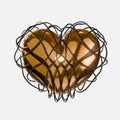 A gold heart wrapped with black ribbons in a Celtic ornament. 3d render. Element for valentine's day.