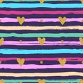 Gold hearts seamless pattern, hand-drawn colorful stripes brush and ink Royalty Free Stock Photo