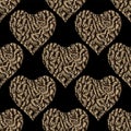 Gold hearts seamless vector pattern. Shiny golden and black Valentines day background. Doodle ornament. Texture of foil. Royalty Free Stock Photo