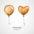 Gold helium balloons set.Vector illustration.Metalic golden air balloons, heart and round shape. on white. For