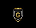 Gold Heraldic G Letter Monogram. Elegant retro minimal shield Shape. Crown, Castel, Kingdom Logo Design