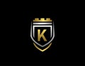 Gold Heraldic K Letter Monogram. Elegant retro minimal shield Shape. Crown, Castel, Kingdom Logo Design