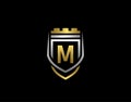 Gold Heraldic M Letter Monogram. Elegant retro minimal shield Shape. Crown, Castel, Kingdom Logo Design