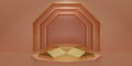 Gold hexagon cube, Golden diamond pedestal podium in the light orange room. Concept scene orange stage showcase, product,