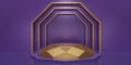 Gold hexagon cube, Golden diamond pedestal podium in the purple room. Concept scene purple stage showcase, product, promotion