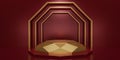 Gold hexagon cube, Golden diamond pedestal podium in the red room. Concept scene red stage showcase, product, promotion sale,