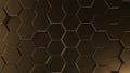 Gold hexagon geometry background. 3d illustration of simple primitives with six angles in front