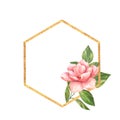 Gold hexagonal frame with flower. Floral design.