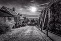 Gold Hill in Shaftesbury - black & white Royalty Free Stock Photo