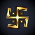 Gold Hindu swastika religious symbol icon isolated on black background. Vector