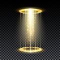 Gold hologram portal. Magic fantasy portal. Magic circle teleport podium with hologram effect. Vector gold glow rays