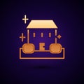 Gold Home cleaning service concept icon isolated on black background. Building and house. Vector