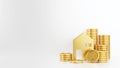 Gold home and coins on white background 3D render