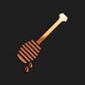 Gold Honey dipper stick with dripping honey icon isolated on black background. Honey ladle. Long shadow style. Vector Royalty Free Stock Photo