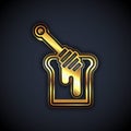 Gold Honey dipper stick with dripping honey icon isolated on black background. Honey ladle. Vector Royalty Free Stock Photo