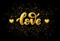 Gold or honey Love word lettering isolated on black background