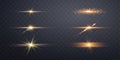 Gold horizontal lens flares set. Sun flash with rays or gold spotlight and bokeh. Yellow glow flare light effect. Vector Royalty Free Stock Photo