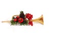 Gold horn Christmas Ornament with holly Royalty Free Stock Photo