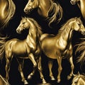 Gold horses on black background illustration. Beautiful wall art.