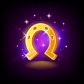 Gold horseshoe with sparkles, symbol of luck, fortune, slot icon on dark purple background, casino concept, vector Royalty Free Stock Photo