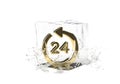 Gold 24 hour deliver in cube of melting ice and drop water on isolated background