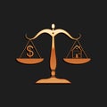 Gold House and dollar symbol on scales icon isolated on black background. Long shadow style. Vector Royalty Free Stock Photo