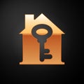 Gold House with key icon isolated on black background. The concept of the house turnkey. Vector Royalty Free Stock Photo