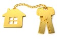 Gold house keys with gold trinket house isolated on white background. new home concept. Real estate. 3d rendering Royalty Free Stock Photo