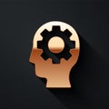 Gold Human head with gear inside icon isolated on black background. Artificial intelligence. Thinking brain. Symbol work Royalty Free Stock Photo