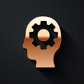 Gold Human head with gear inside icon isolated on black background. Artificial intelligence. Thinking brain. Symbol work Royalty Free Stock Photo