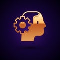 Gold Humanoid robot icon isolated on black background. Artificial intelligence, machine learning, cloud computing