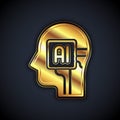 Gold Humanoid robot icon isolated on black background. Artificial intelligence, machine learning, cloud computing