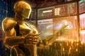 Gold Humanoid robots with a growing virtual hologram of statistics background, Uses AI to assess investment risks. Generative AI