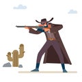 The gold hunter aims his rifle. Old wild west. Cartoon vector illustration. Flat style. Isolated on white background. Royalty Free Stock Photo