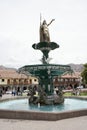 Cusco, Peru, October 7, 2023. The Gold Inca Statue in Plaza De Armas (Cusco Main Square)