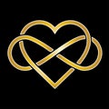 Gold infinity heart symbol isolated on black background.