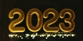 Gold inflatable foil balloons numbers 2023 on the window against the background the night city, in neon light. New year Royalty Free Stock Photo