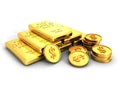 Gold Ingots Or Bullions And Stacks Of Golden Dollar Coins Royalty Free Stock Photo