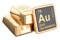 Gold ingots with chemical element icon Aurum Au, 3D rendering Royalty Free Stock Photo