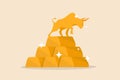 Gold investment bull market, safe haven in financial crisis or gold price rising up as investor run a concept, shiny bull statue